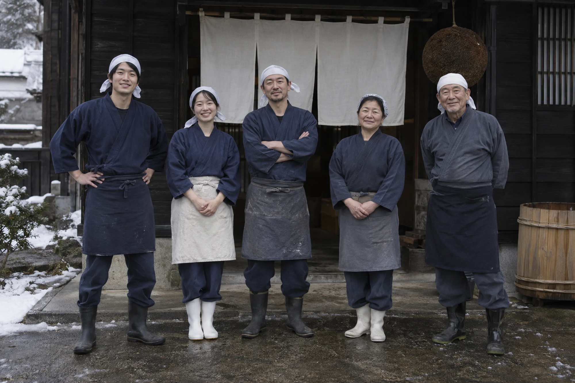 蔵の前に並ぶ藍の仕事着の蔵人たち