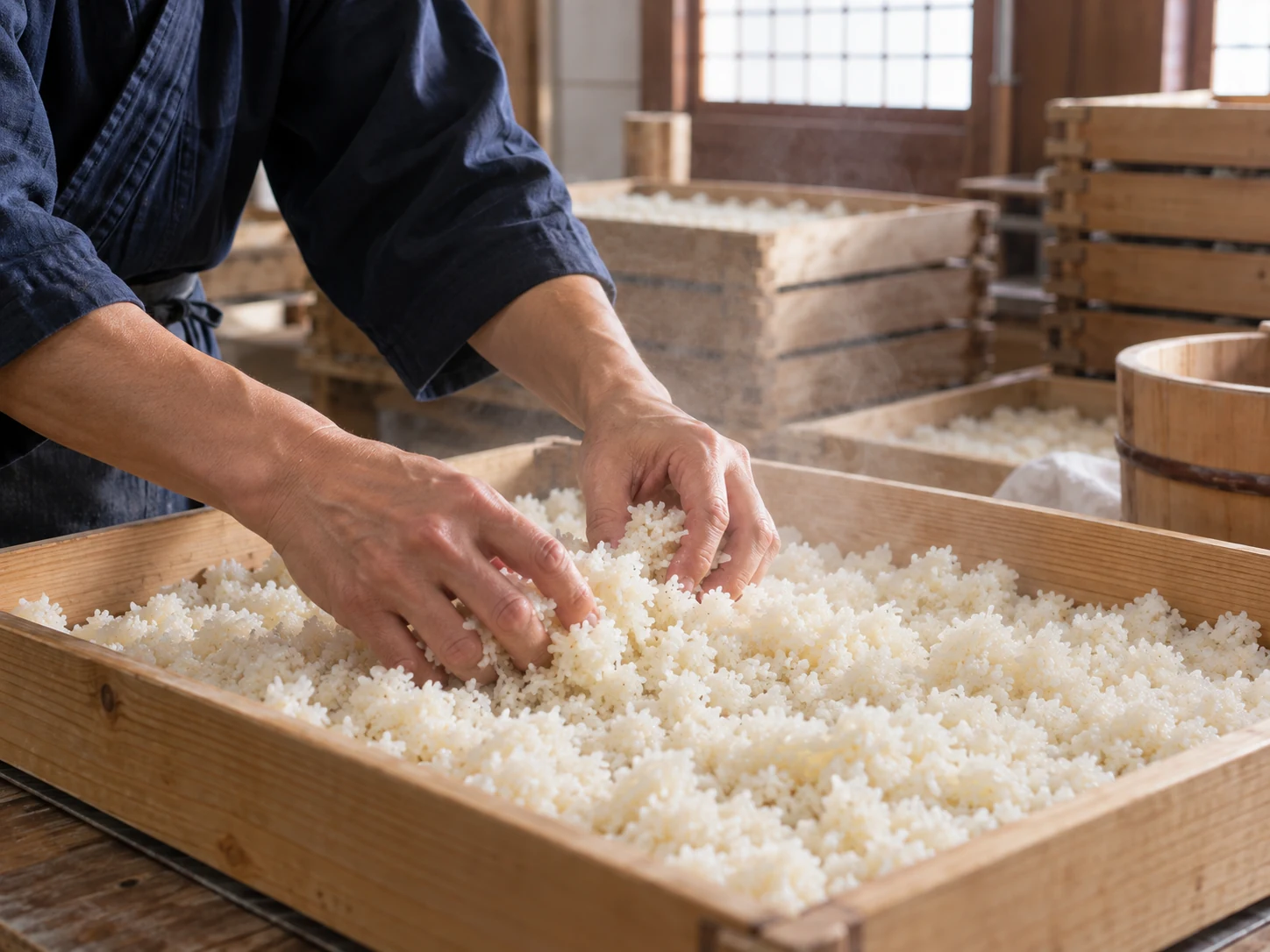麹蓋の蒸米を両手でほぐす手仕事