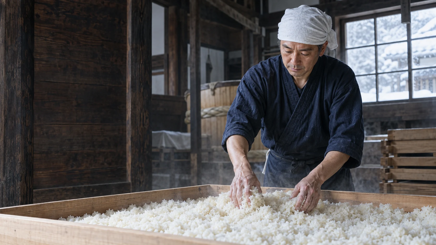 冬の木造蔵で、藍の仕事着の蔵人が蒸米を手でほぐす