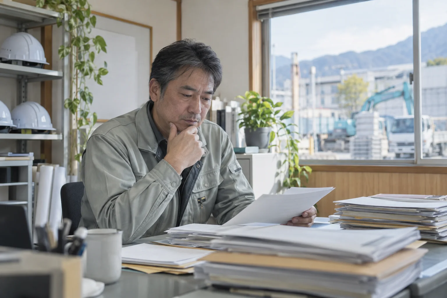 作業着の男性が、届いた書類を前に考え込む様子