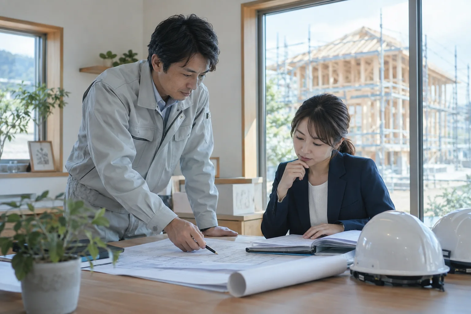 建設中の住宅が見える現場事務所で、図面を広げて確認する二人