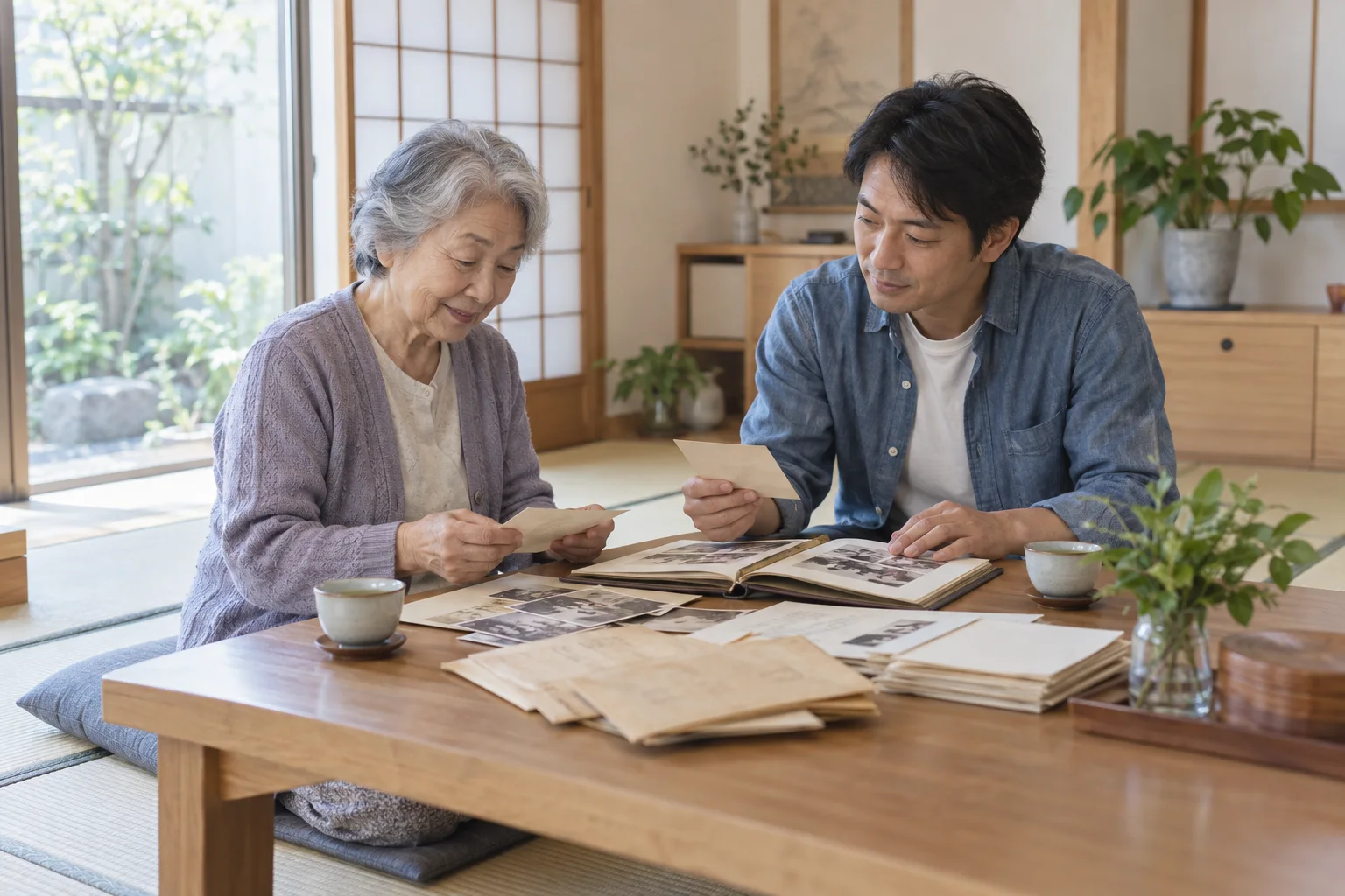 和室の座卓で、母と息子が古い書類と写真を整理する様子