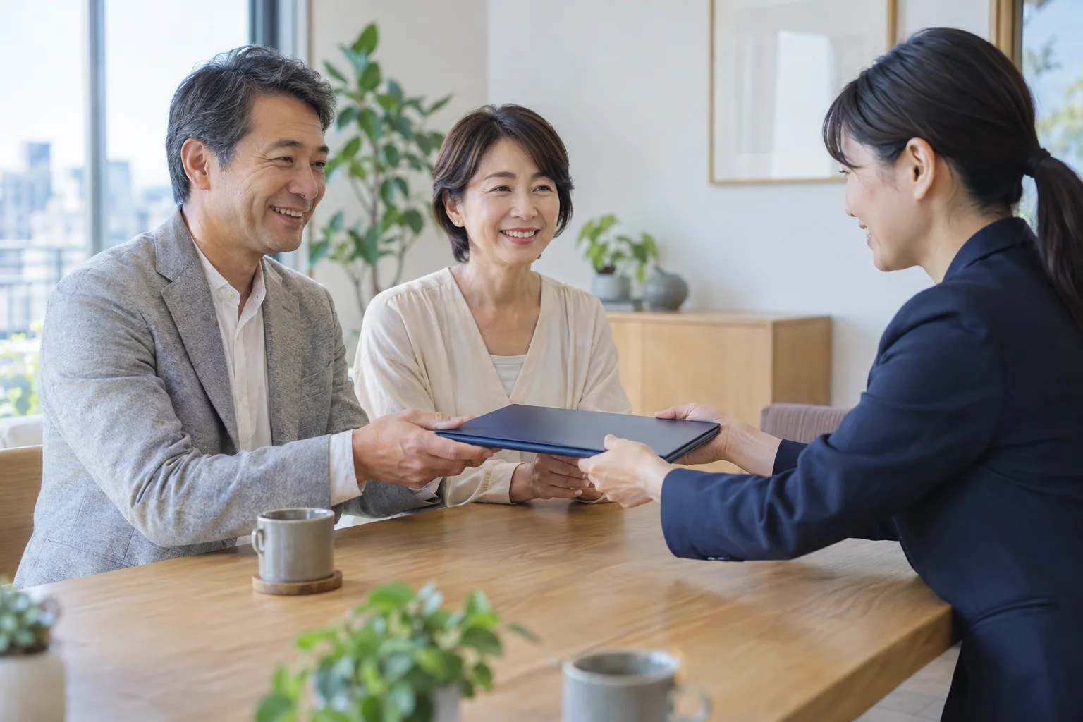 面談室で、書類一式のファイルを両手で手渡す様子