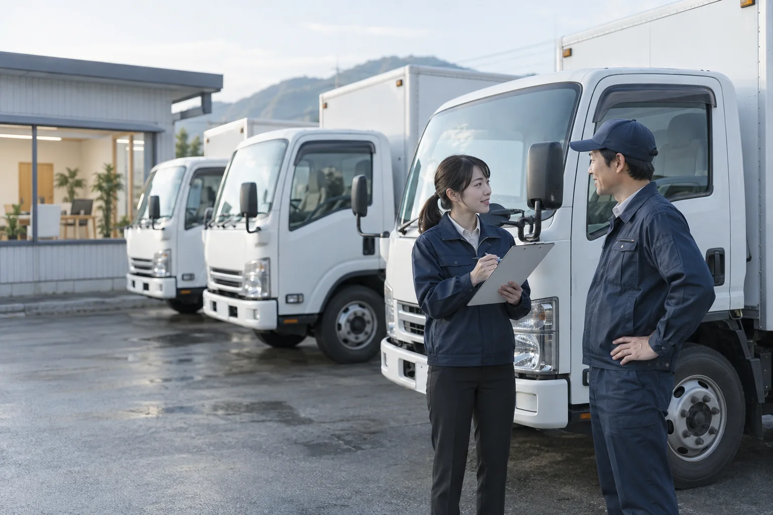 白いトラックが並ぶ営業所の車庫で、ドライバーと話す担当者