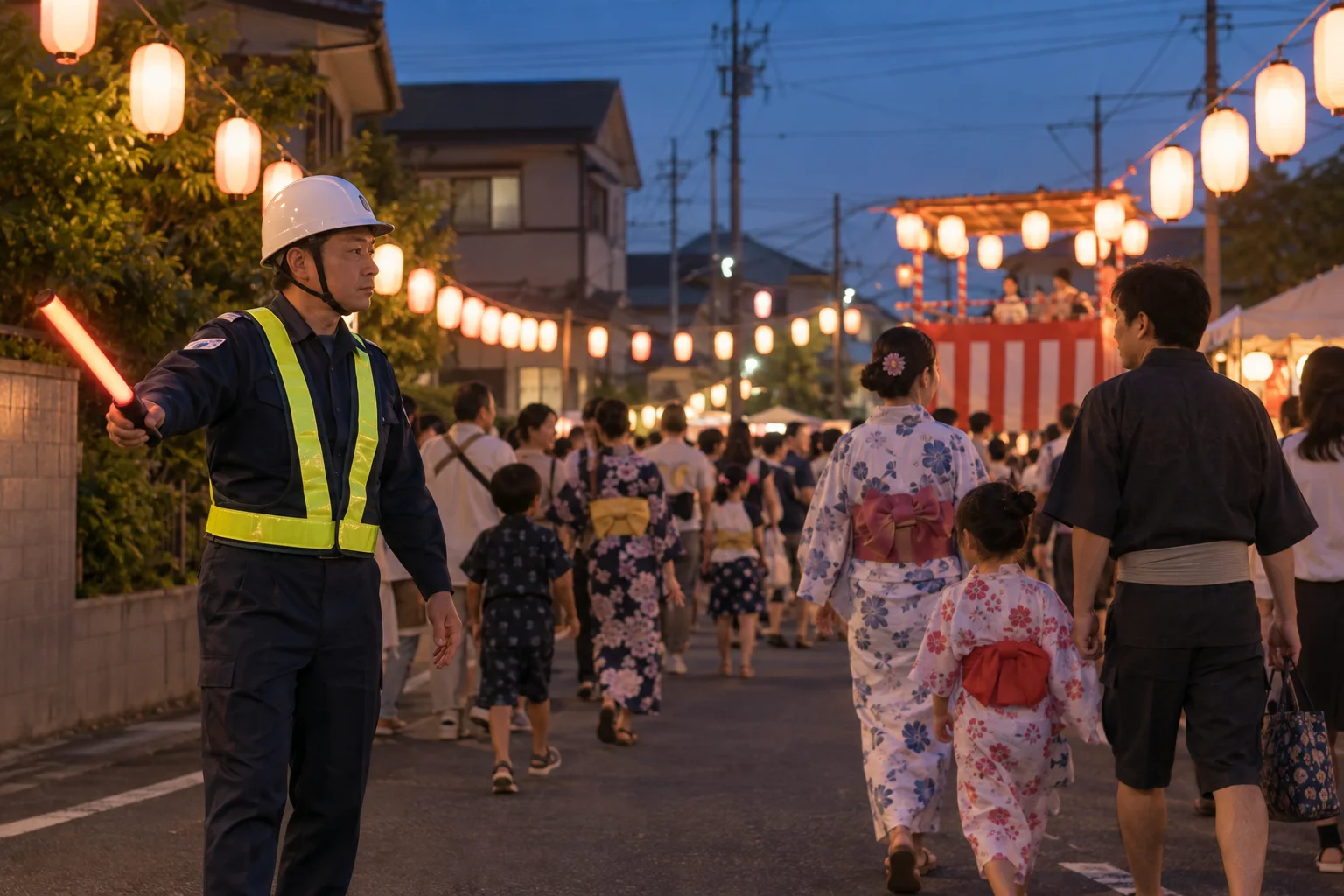 夏祭りの会場で人の流れを誘導する警備員