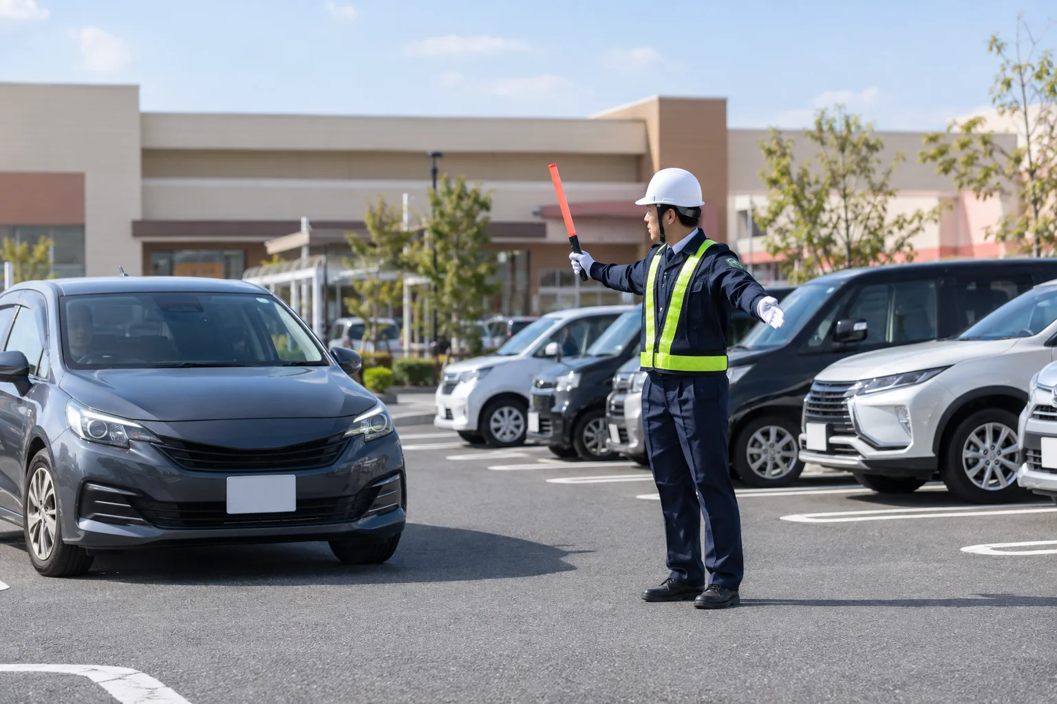 商業施設の駐車場で車両を誘導する警備員