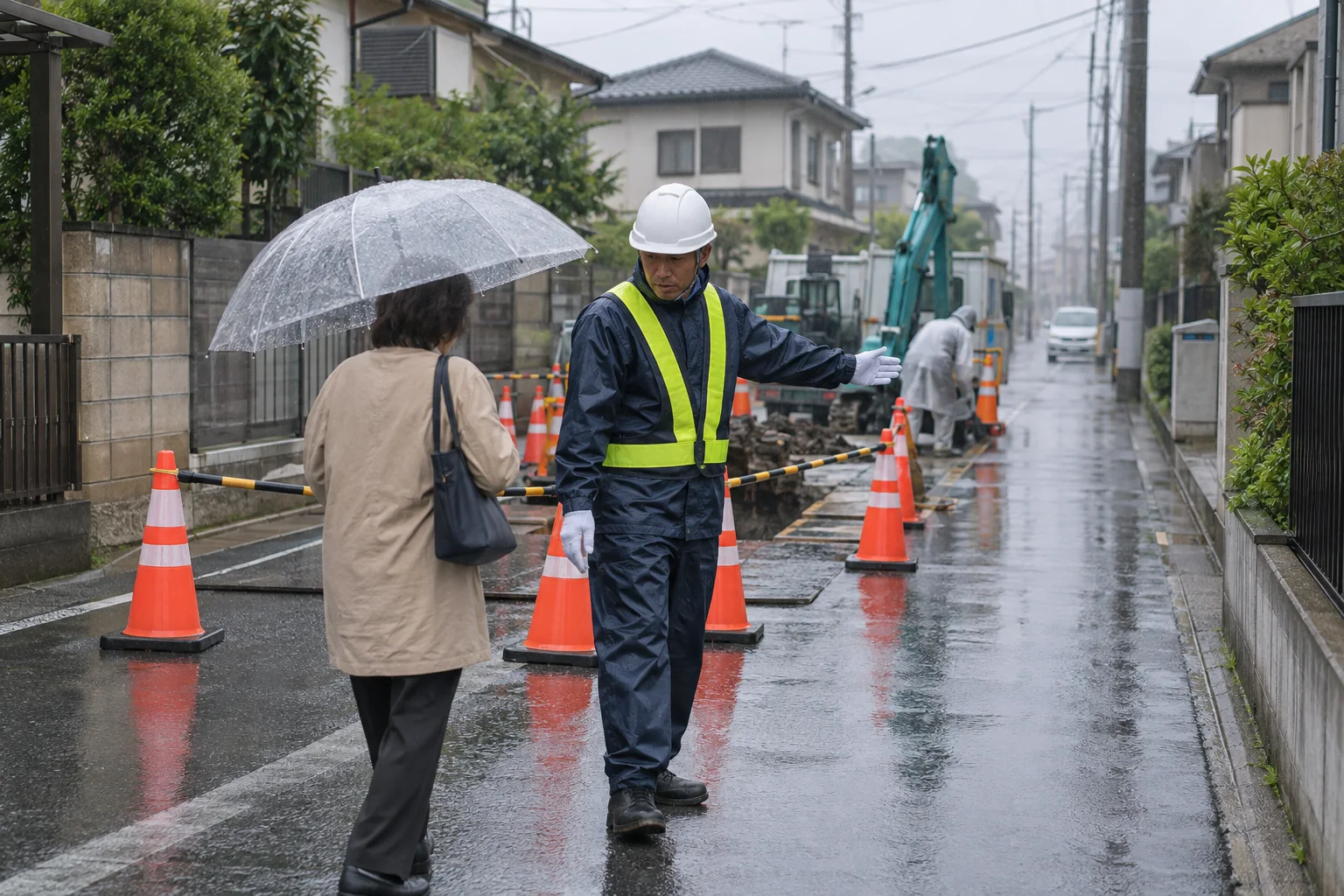 雨の現場で歩行者を誘導する警備員