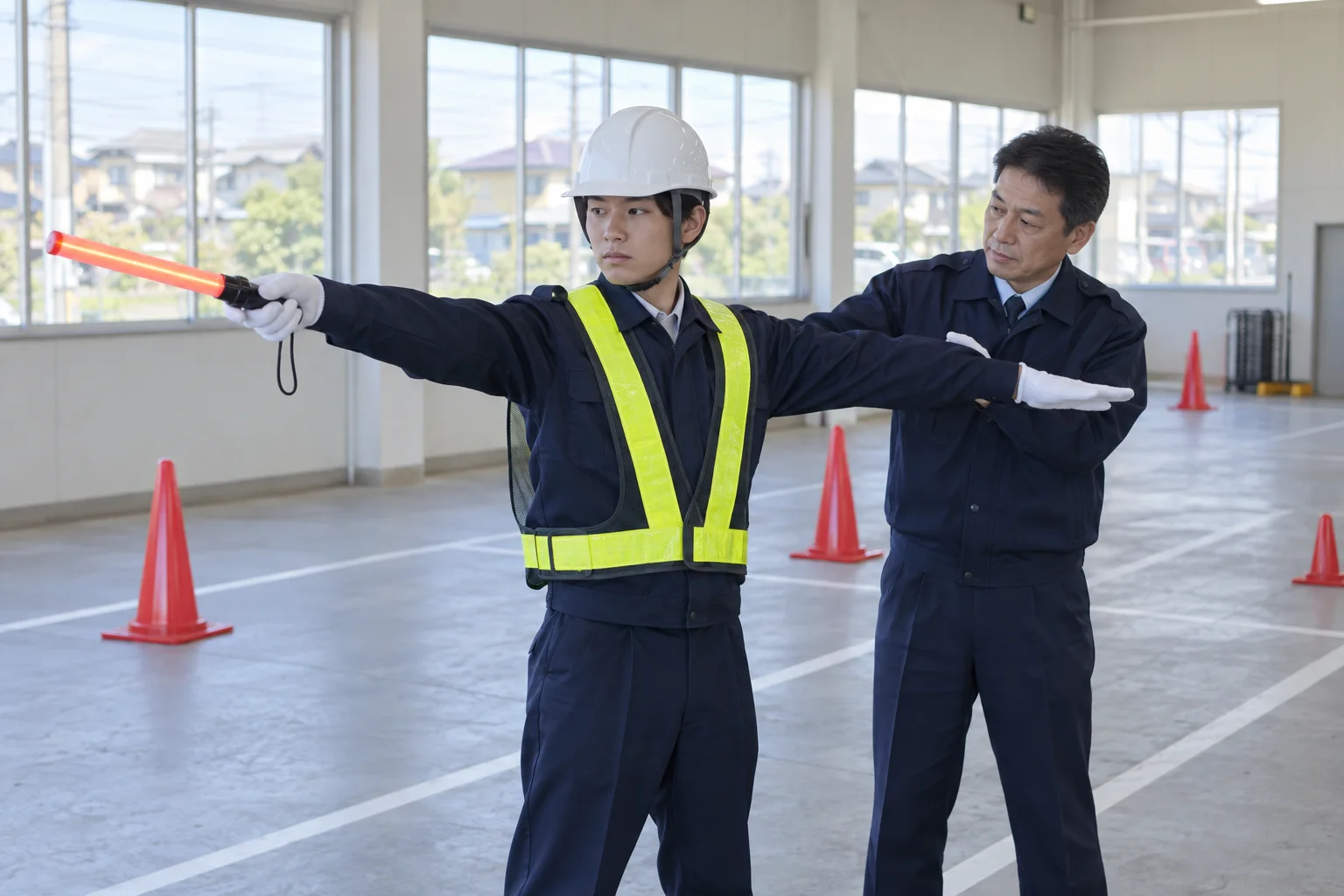 研修で誘導灯の合図を練習する新人隊員