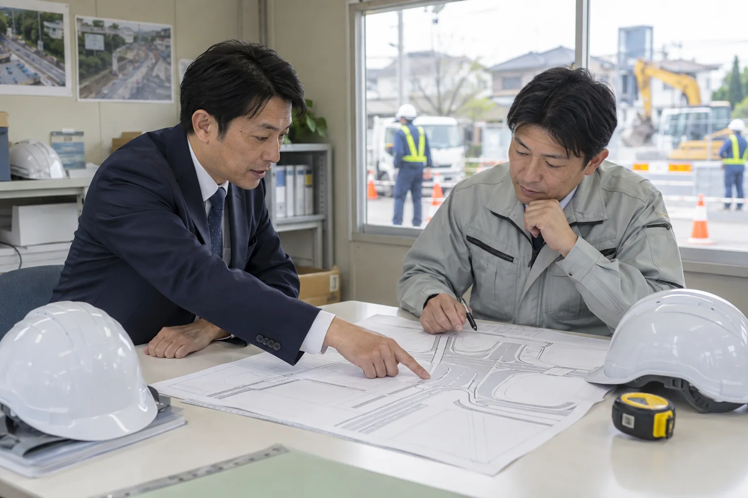 現場事務所で図面を確認する打ち合わせ