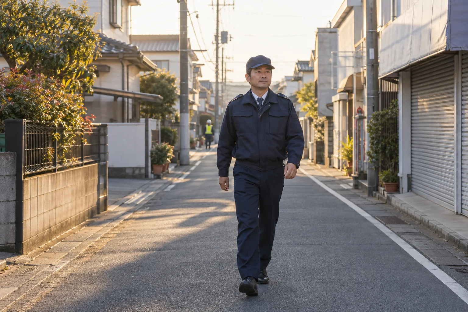 早朝の住宅街を巡回する警備員