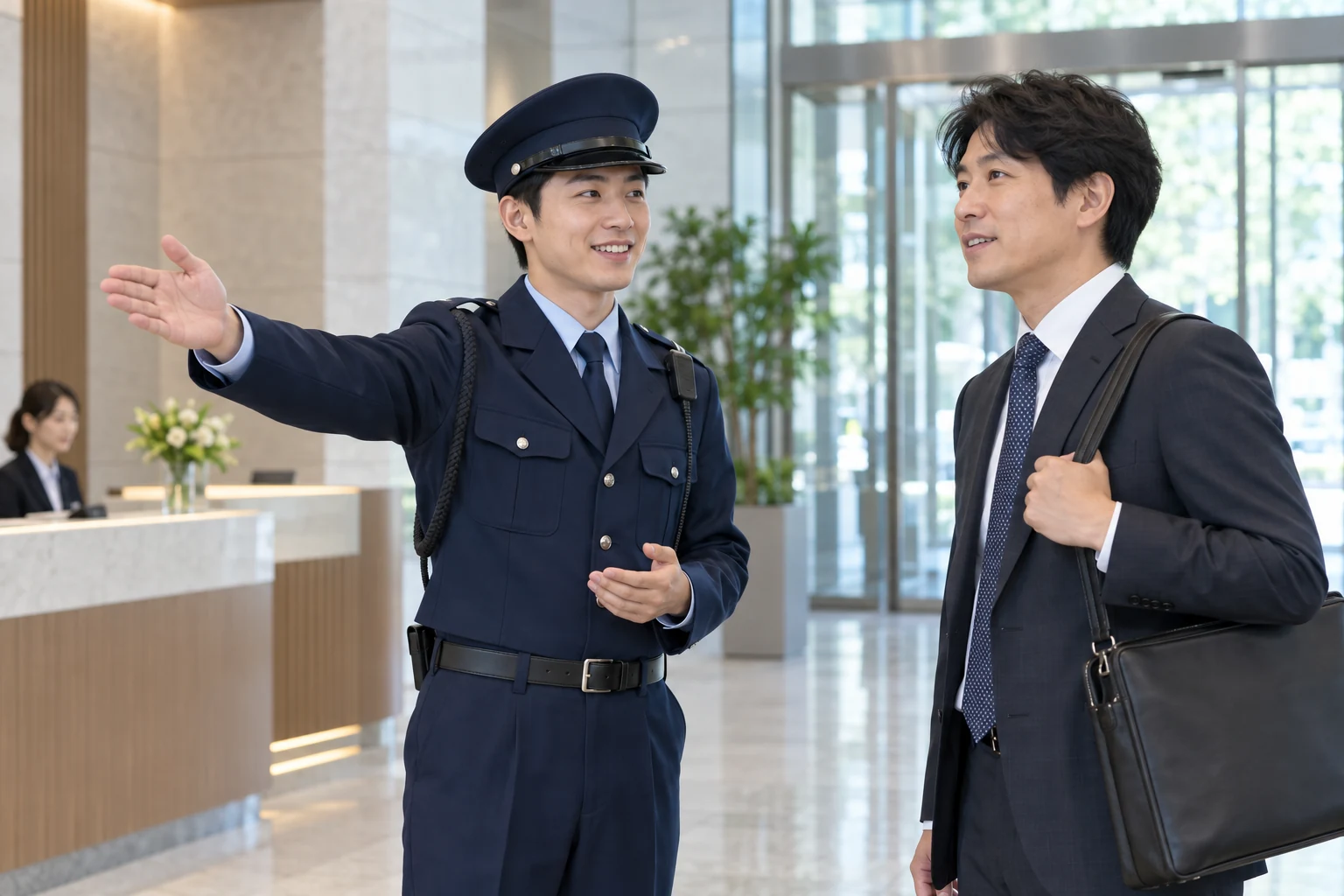 施設のロビーで来訪者を案内する警備員