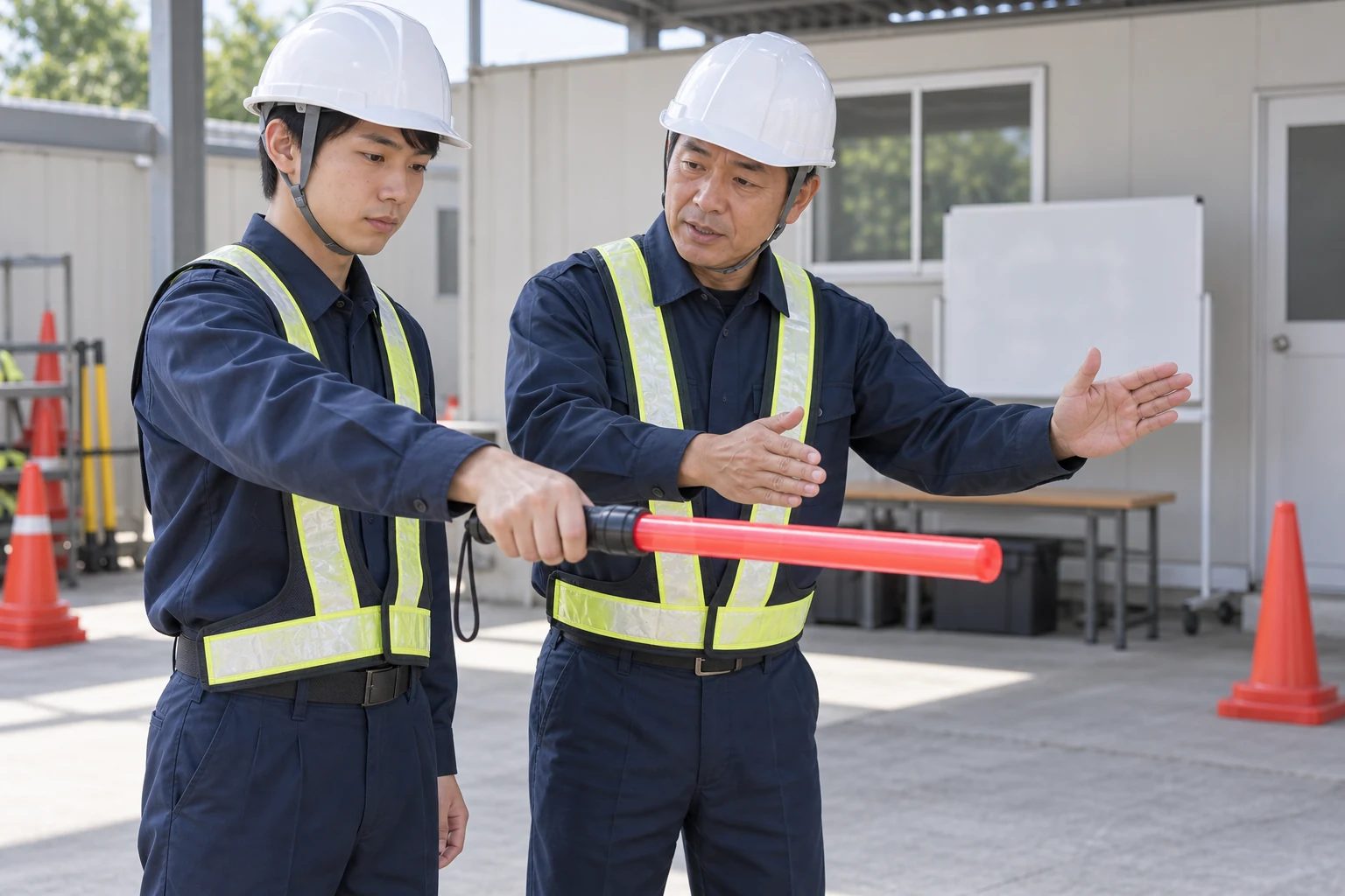 誘導の姿勢を先輩隊員から教わる新人隊員