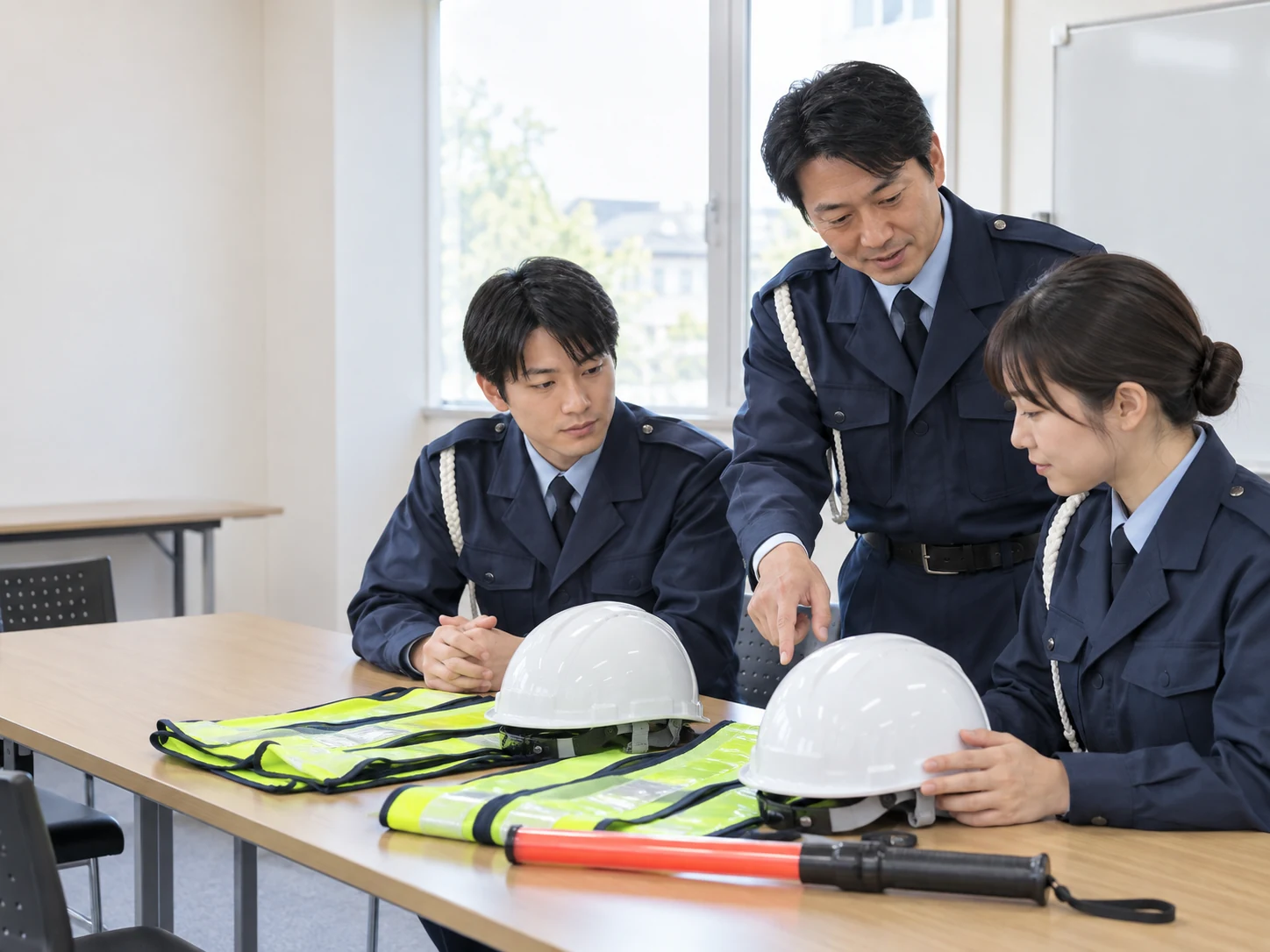 研修室で装備を確認する指導員と新人隊員