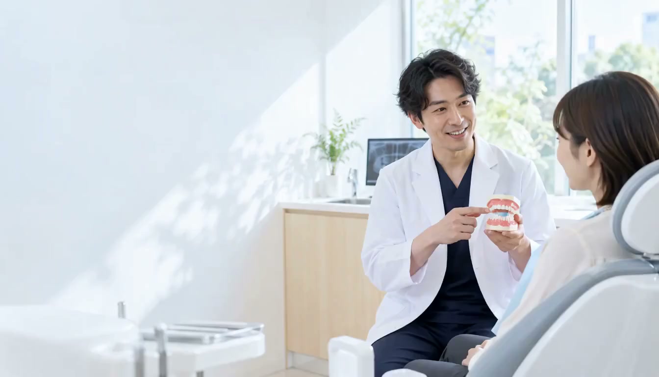 歯科医師が模型で説明する明るい診療室