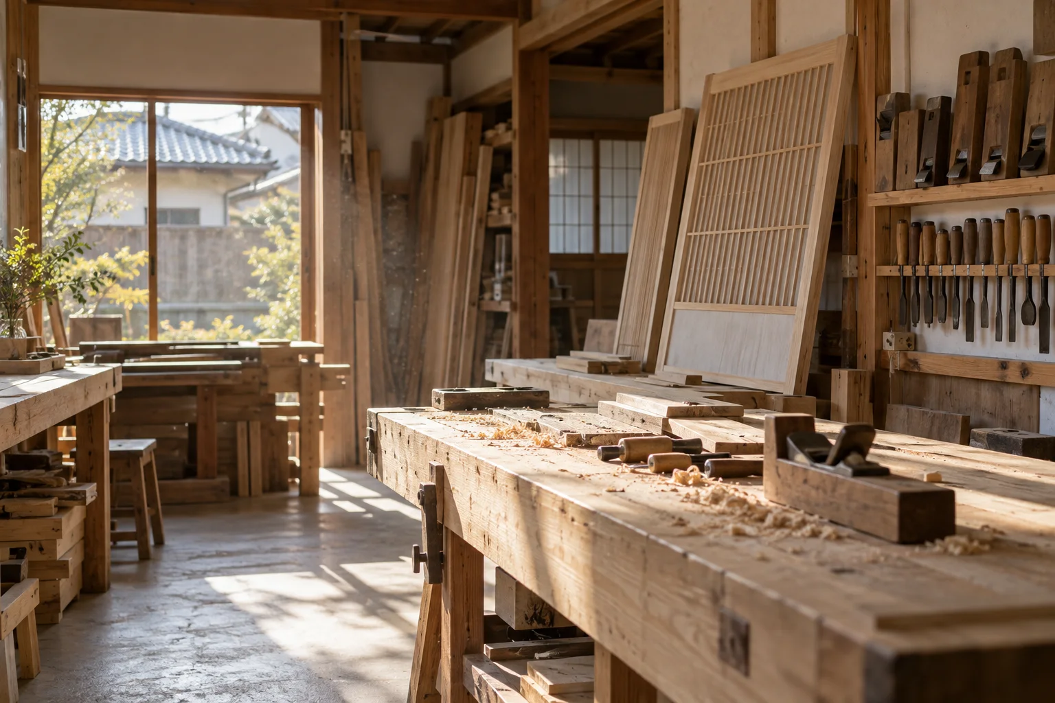 道具が並ぶ自社の作業場