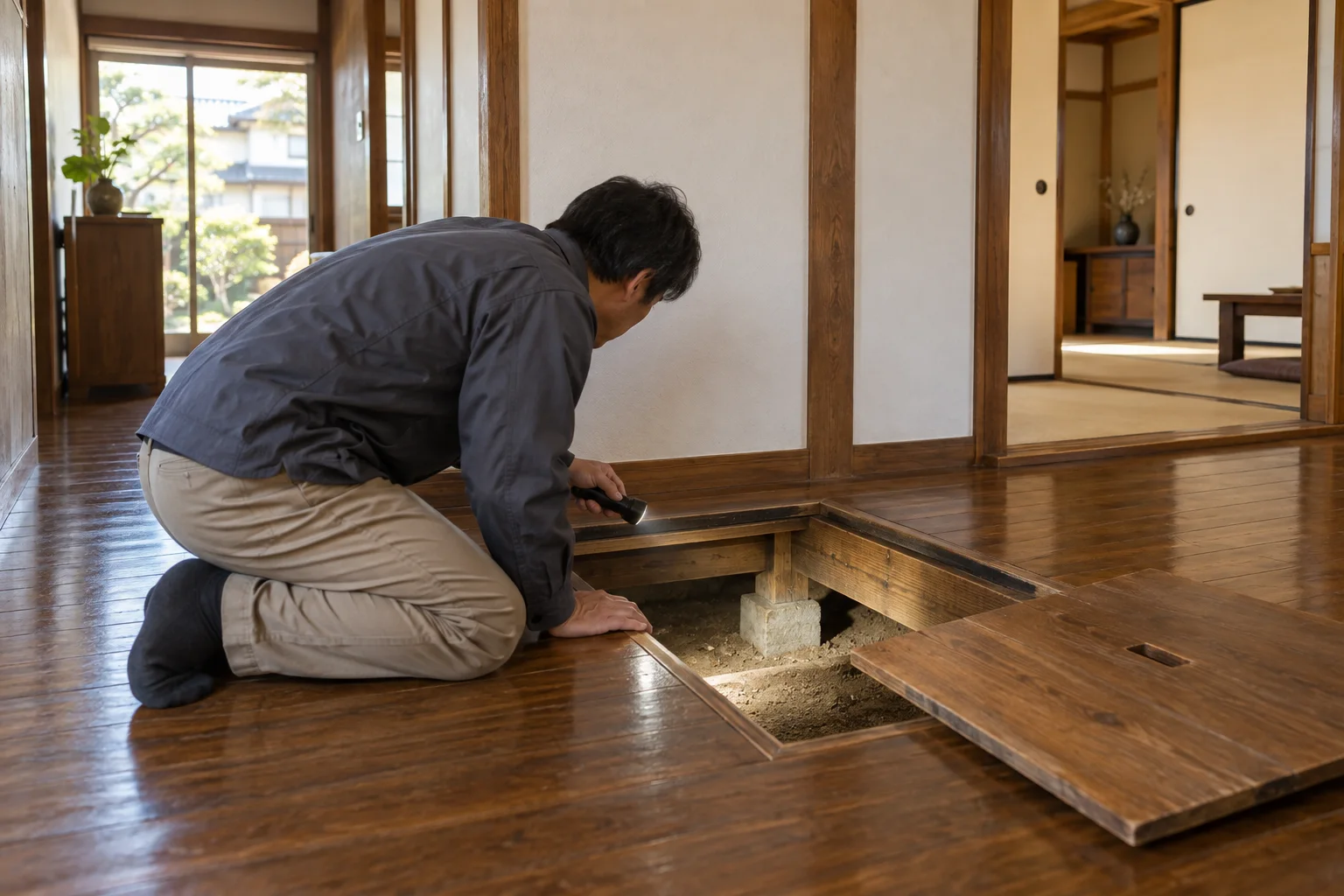 床下の点検口から土台を確かめる点検
