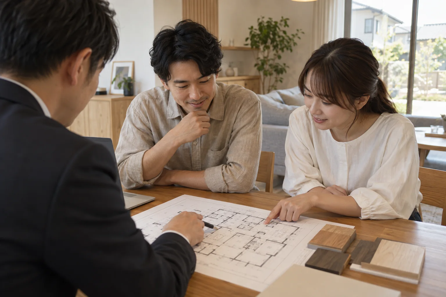 間取り図と木のサンプルを囲む打ち合わせ