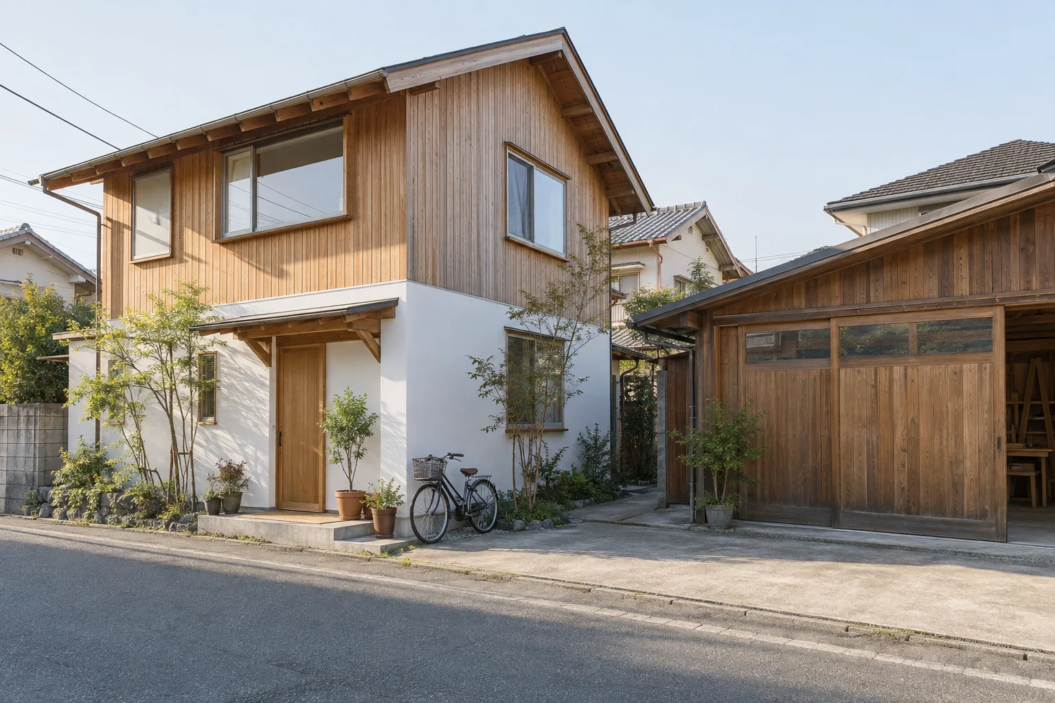 木の外壁の事務所と、隣に建つ作業場