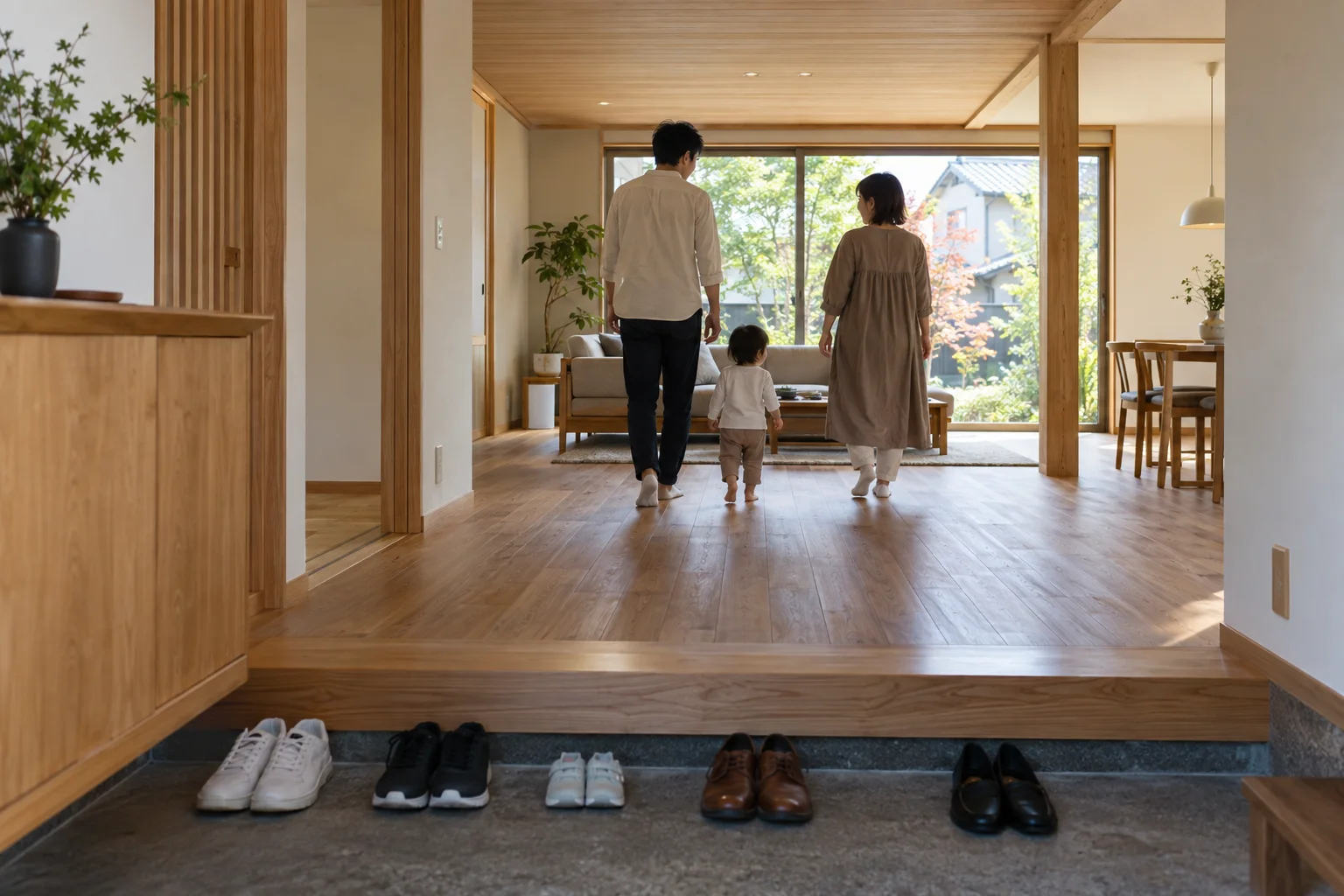 完成した木の家を見学する家族