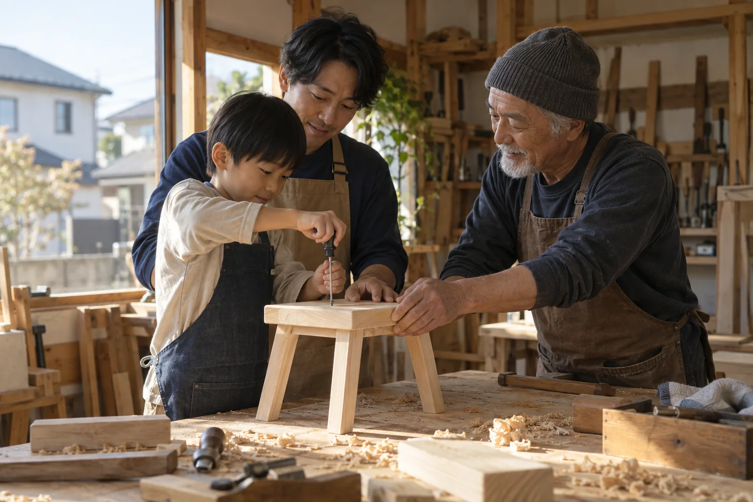 作業台で親子が木の椅子を組み立てる様子
