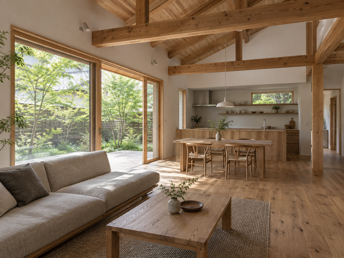 梁と無垢床、大きな窓のある木の住まい