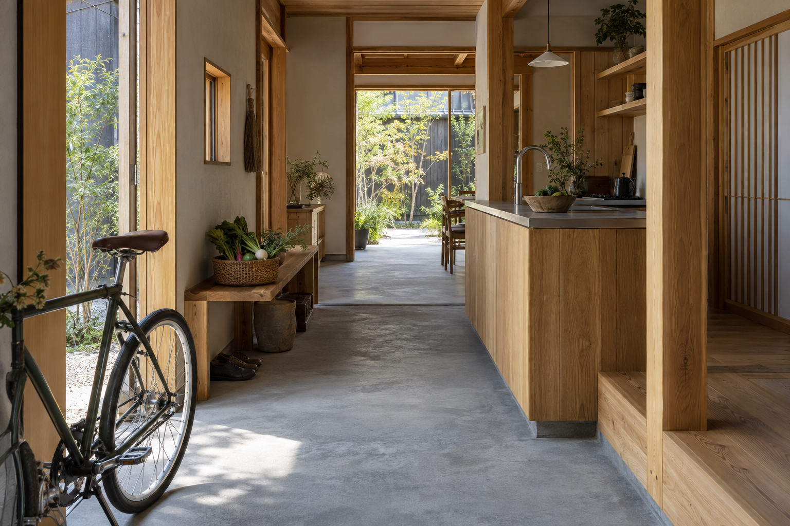 庭とキッチンへつながる土間と、自転車を置ける玄関