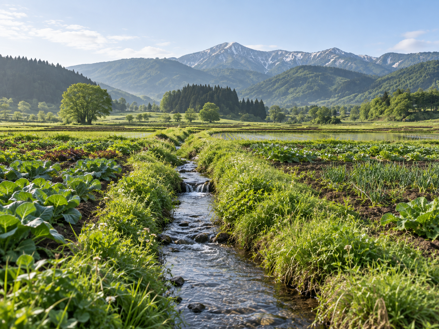 緑の畑と澄んだ水路が広がる夏の農園