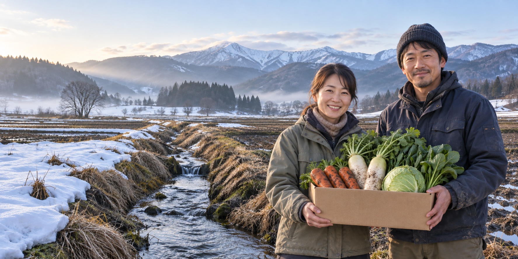 残雪の山と畑を背に、根菜と葉物の箱を持つ農家夫婦