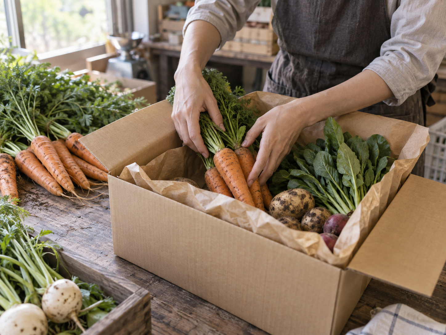 出荷場で野菜を丁寧に箱へ詰める手元